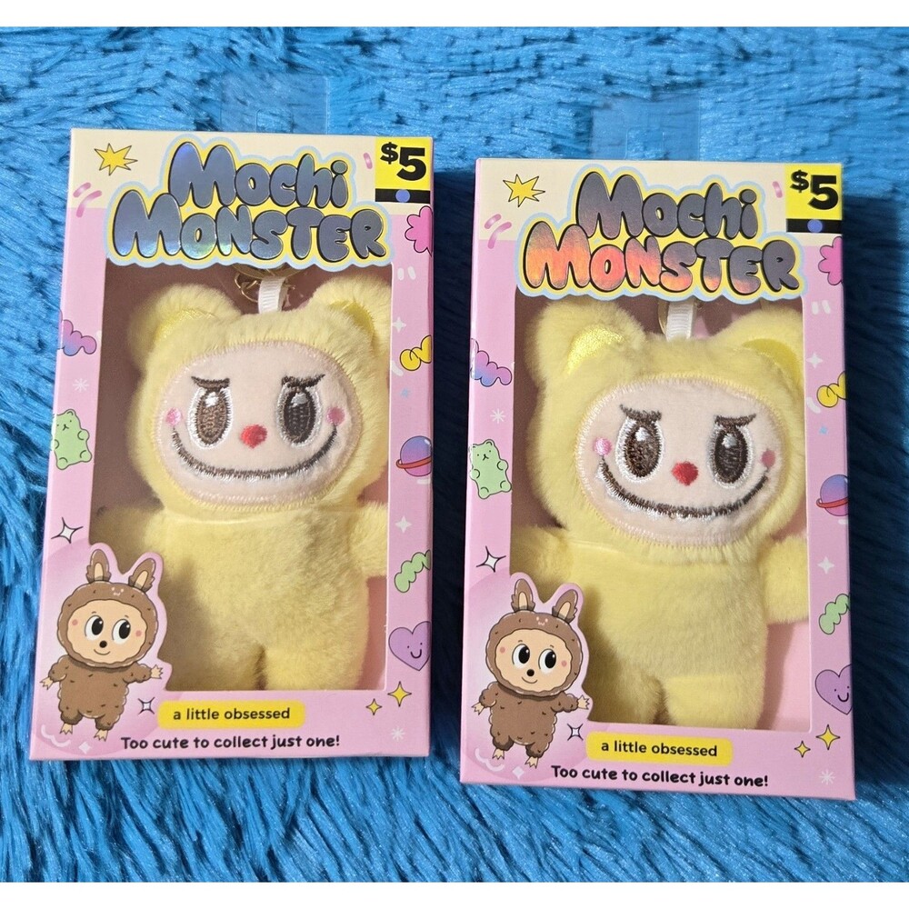Mochi Monster Set of 2 Yellow Plush Charm 5" Keychains With Gold Hardware 💛